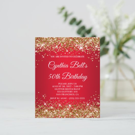 Gold Glitter Red Gradient 50th Birthday Invite (Staand voorkant)