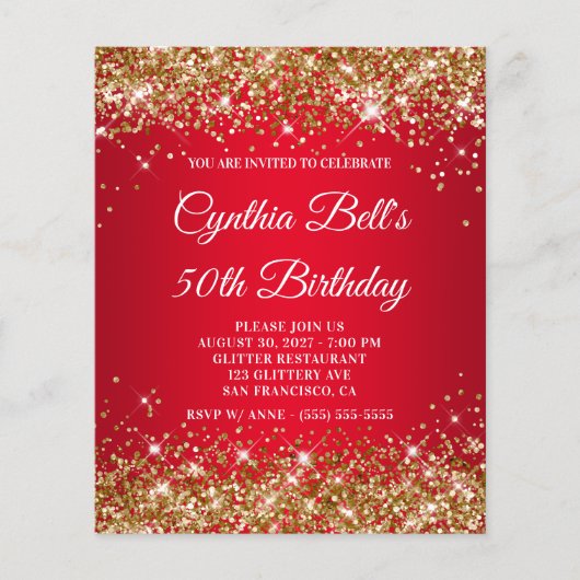 Gold Glitter Red Gradient 50th Birthday Invite (Voorkant)