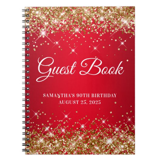 Gold Glitter Red Ombre 90th Birthday Guestbook Notitieboek (Voorkant)