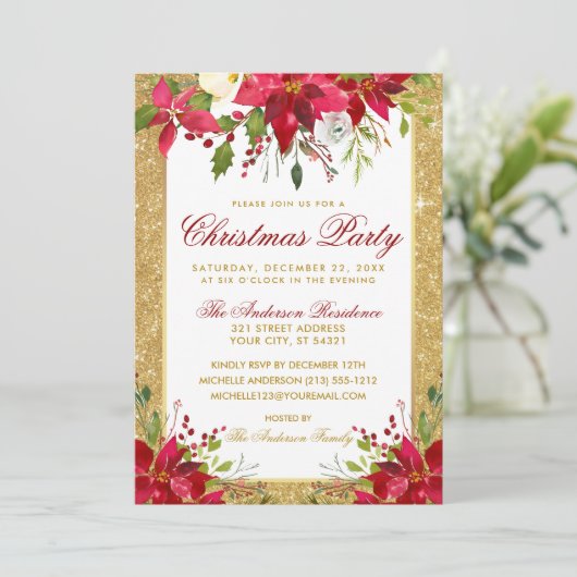 Gold Glitter Red Poinsettia Floral kerstfeest Kaart (Staand voorkant)