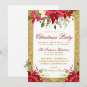 Gold Glitter Red Poinsettia Floral kerstfeest Kaart (Voorkant / Achterkant)