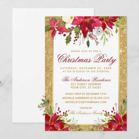 Gold Glitter Red Poinsettia Floral kerstfeest Kaart (Voorkant / Achterkant)