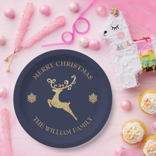 Gold Glitter Reindeer Merry-kerstfeest marine Papieren Bordje (Feest)