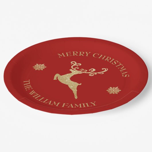 Gold Glitter Reindeer Merry-kerstfeest Red Papieren Bordje (Gekanteld)