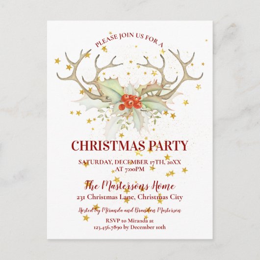 Gold Glitter Rendier Kerstfeest Uitnodiging (Voorkant)