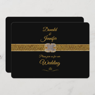 Gold Glitter Ribbon & Diamond Brooch/Black Wedding Kaart