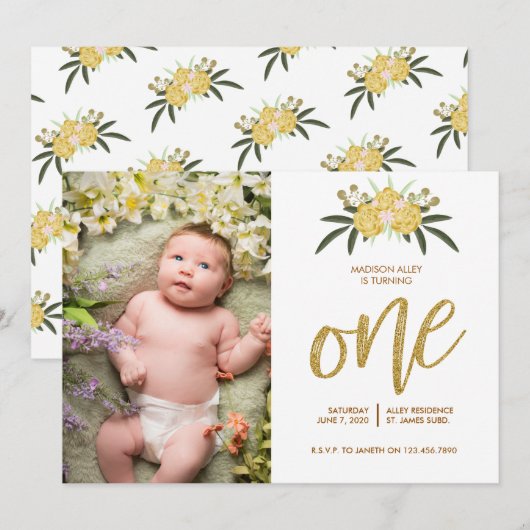 Gold Glitter Roos en botanische bladeren 1 zaterda Kaart (Voorkant / Achterkant)