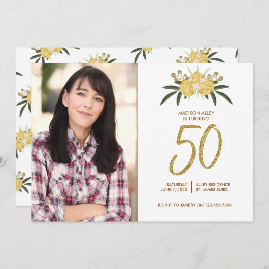 Gold Glitter Roos en botanische bladeren 50e verja Kaart (Voorkant / Achterkant)