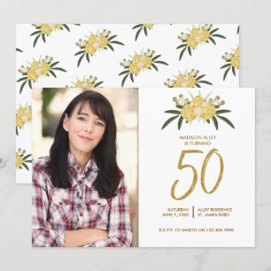 Gold Glitter Roos en botanische bladeren 50e verja Kaart