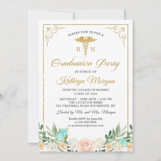 Gold Glitter Roos Garden Nursing Afstuderen Foto Kaart (Voorkant)