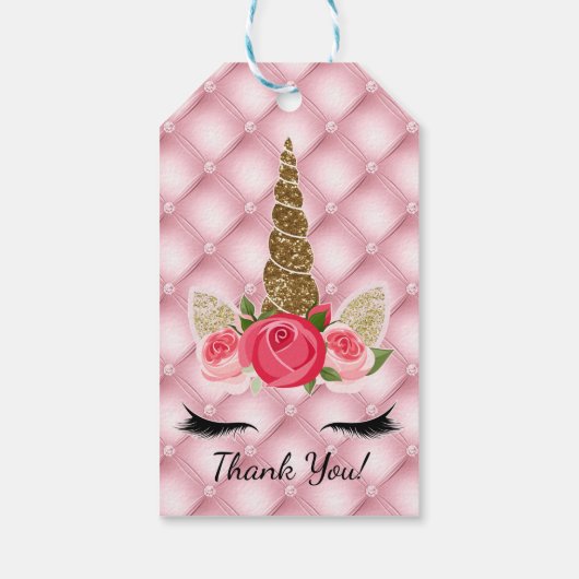 Gold Glitter & Roses Unicorn Birthday Party Cadeaulabel (Achterkant)