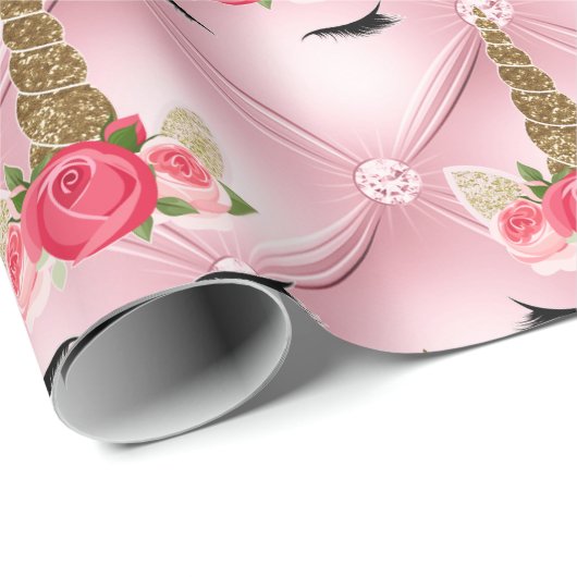 Gold Glitter & Roses Unicorn Birthday Party Cadeaupapier (Rol Hoek)