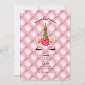 Gold Glitter & Roses Unicorn Birthday Party Kaart (Achterkant)