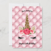 Gold Glitter & Roses Unicorn Birthday Party Kaart (Voorkant)