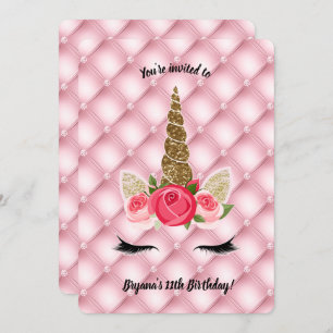 Gold Glitter & Roses Unicorn Birthday Party Kaart