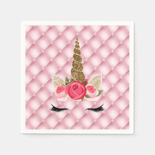 Gold Glitter & Roses Unicorn Birthday Party Servet (Voorkant)
