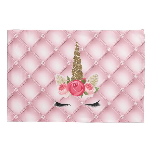 Gold Glitter & Roses Unicorn Girl Trendy Kussensloop (Achterkant)