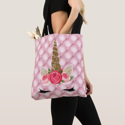 Gold Glitter & Roses Unicorn Girl Trendy Tote Bag (Dichtbij)