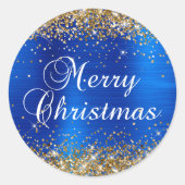 Gold Glitter Royal Blue Folie Vrolijk Kerstfeest Ronde Sticker (Voorkant)