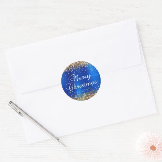 Gold Glitter Royal Blue Folie Vrolijk Kerstfeest Ronde Sticker (Envelop)