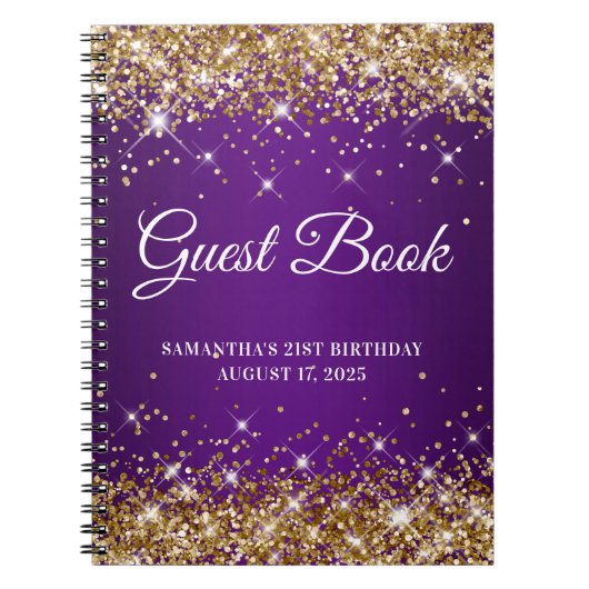 Gold Glitter Royal Paars 21st Birthday Guestbook Notitieboek (Voorkant)