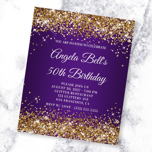 Gold Glitter Royal Paars 50th Birthday Invitation