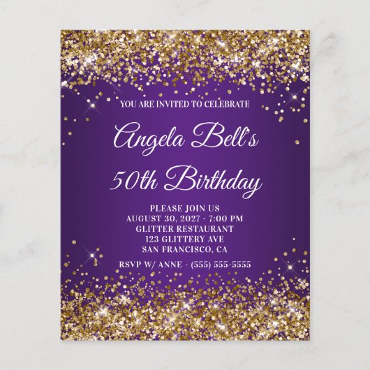 Gold Glitter Royal Paars 50th Birthday Invite Flyer (Voorkant)