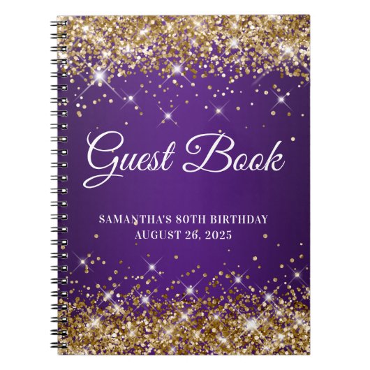 Gold Glitter Royal Paars 80th Birthday Guestbook Notitieboek (Voorkant)