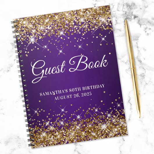 Gold Glitter Royal Paars 80th Birthday Guestbook Notitieboek