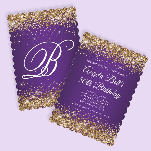 Gold Glitter Royal Paars Monogram 50e verjaardag Kaart