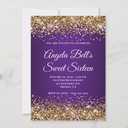 Gold Glitter Royal Paarse Monogram Sweet Sixteen Kaart (Voorkant)