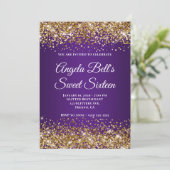 Gold Glitter Royal Paarse Monogram Sweet Sixteen Kaart (Staand voorkant)