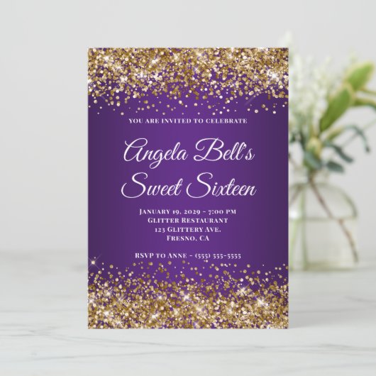 Gold Glitter Royal Paarse Monogram Sweet Sixteen Kaart (Staand voorkant)