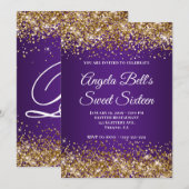 Gold Glitter Royal Paarse Monogram Sweet Sixteen Kaart (Voorkant / Achterkant)
