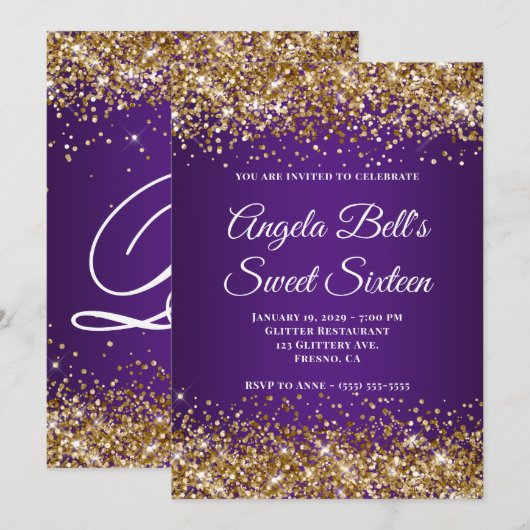 Gold Glitter Royal Paarse Monogram Sweet Sixteen Kaart (Voorkant / Achterkant)