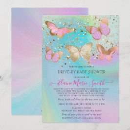 Gold Glitter Roze Butterflies drive by Baby shower Kaart