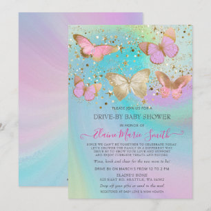 Gold Glitter Roze Butterflies drive by Baby shower Kaart