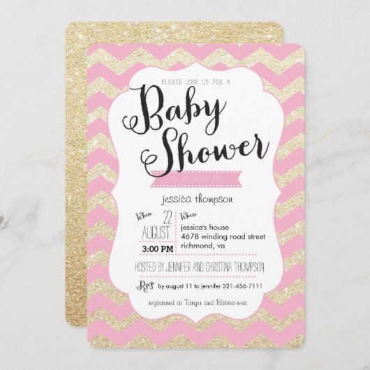 Gold Glitter & Roze Chevron Baby shower Invite Kaart (Voorkant / Achterkant)