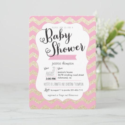 Gold Glitter & Roze Chevron Baby shower Invite Kaart (Staand voorkant)