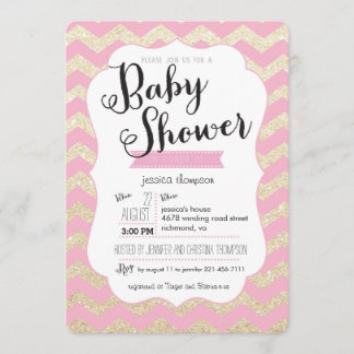 Gold Glitter & Roze Chevron Baby shower Invite Kaart