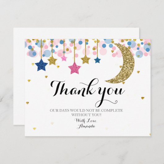 Gold glitter roze en blauwe maan Dank u wel! Bedankkaart (Voorkant / Achterkant)