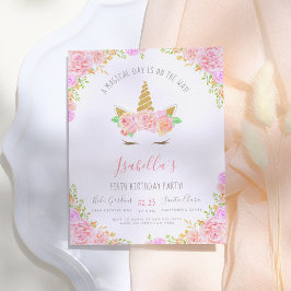 Gold Glitter & Roze Flowers Unicorn Birthday Party Uitnodiging Briefkaart