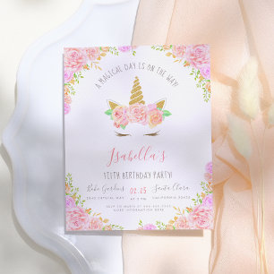 Gold Glitter & Roze Flowers Unicorn Birthday Party Uitnodiging Briefkaart