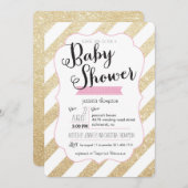 Gold Glitter & Roze Stripes Baby shower Uitnodigen Kaart (Voorkant / Achterkant)