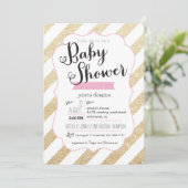 Gold Glitter & Roze Stripes Baby shower Uitnodigen Kaart (Staand voorkant)
