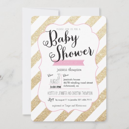 Gold Glitter & Roze Stripes Baby shower Uitnodigen Kaart (Voorkant)