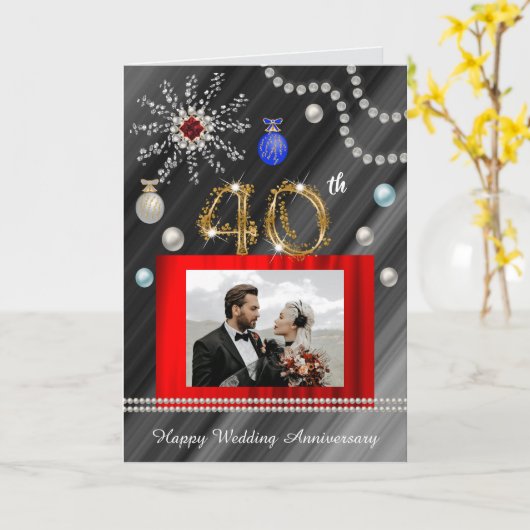 Gold Glitter Ruby Pareltjes 40ste bruiloft Jubileu Kaart (Gele Bloem)