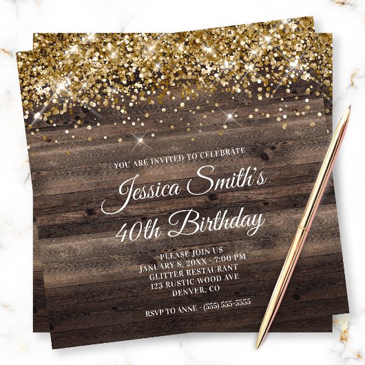 Gold Glitter Rustic Bistre Brown Wood Birthday Kaart