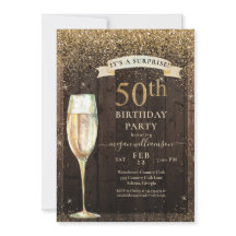 Gold Glitter Rustic Wood Surprise 50th Birthday