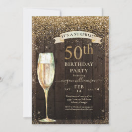 Gold Glitter Rustic Wood Surprise 50th Birthday Kaart